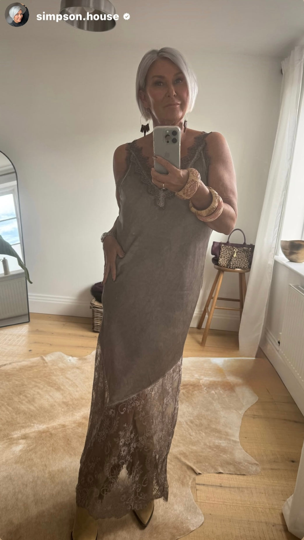 Mocha Satin Lace V-Neck Maxi Slip Dress