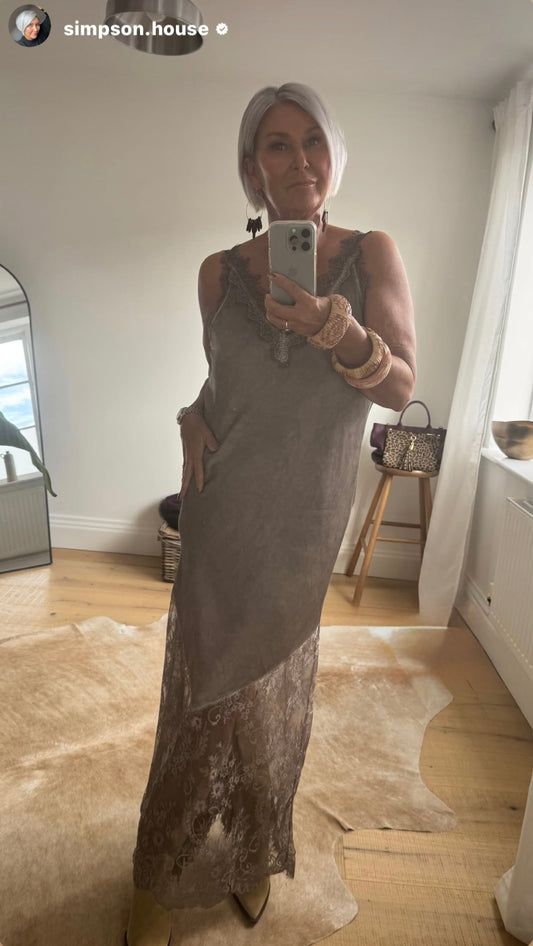 Mocha Satin Lace V-Neck Maxi Slip Dress