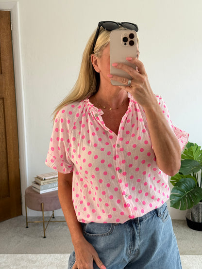 Hot Pink/Pink Polka Dot Frill Sleeve Blouse