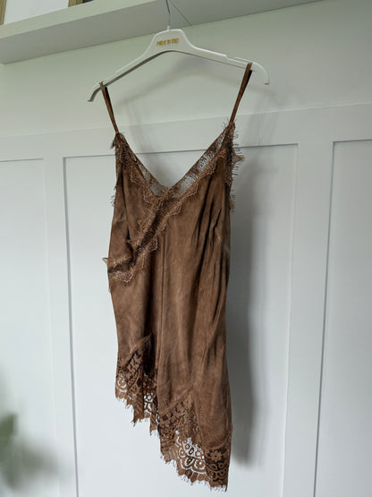 Camel Satin Lace Asymmetric Cami Top