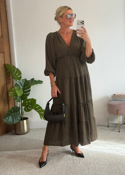 Khaki Heritage Check V-Neck Tiered Dress
