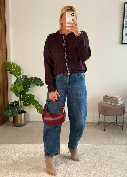 Plum/Pink Floral Frill Trim Cardigan