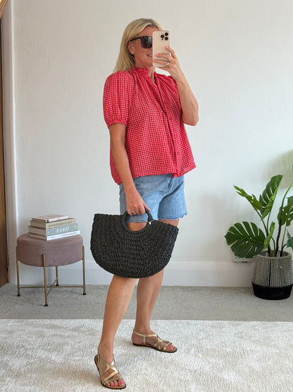 Red Gingham Puff Sleeve Blouse