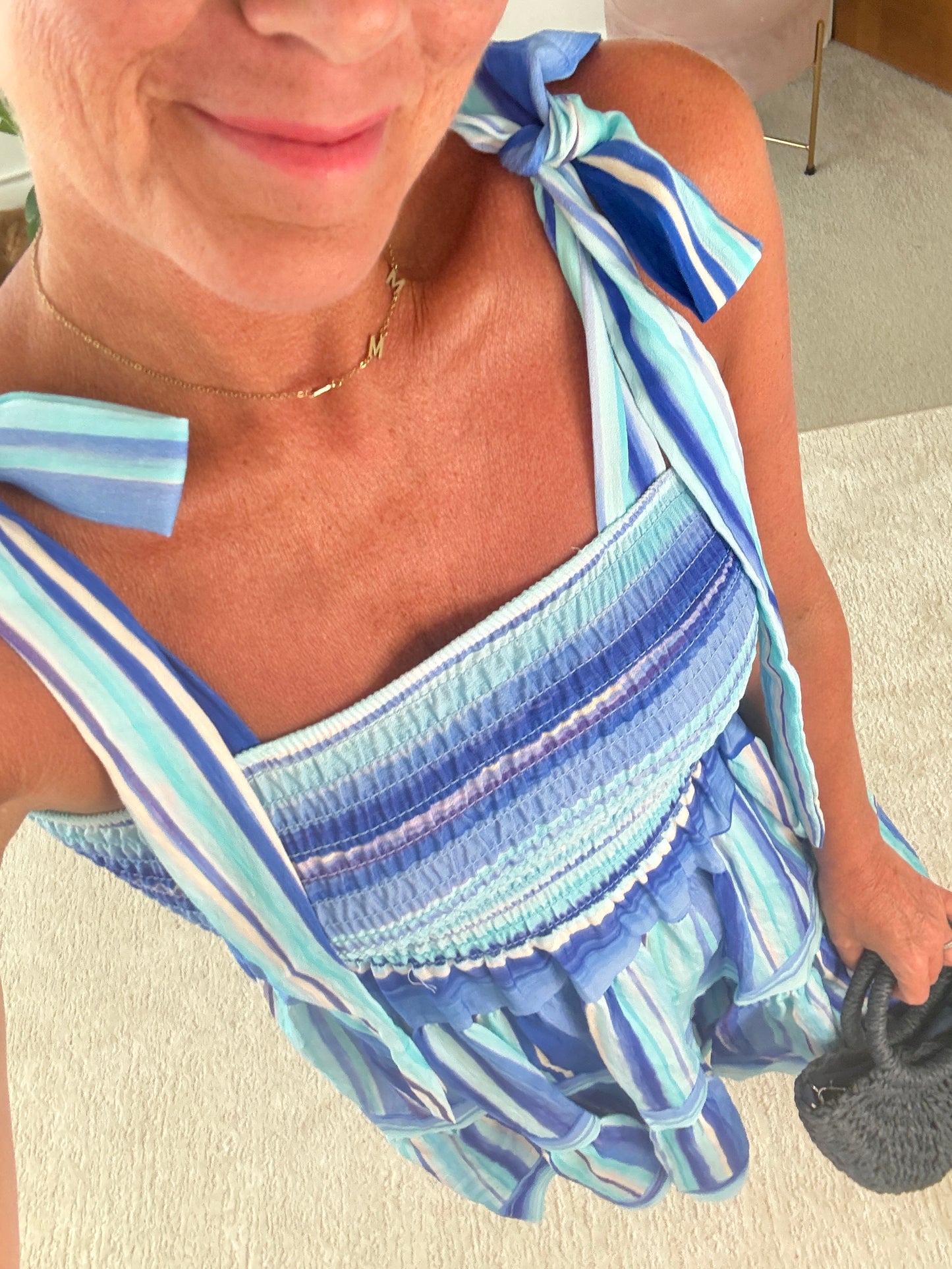 Turquoise Striped Shirred Dress