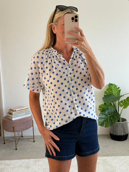 Royal Blue Polka Dot Frill Sleeve Blouse