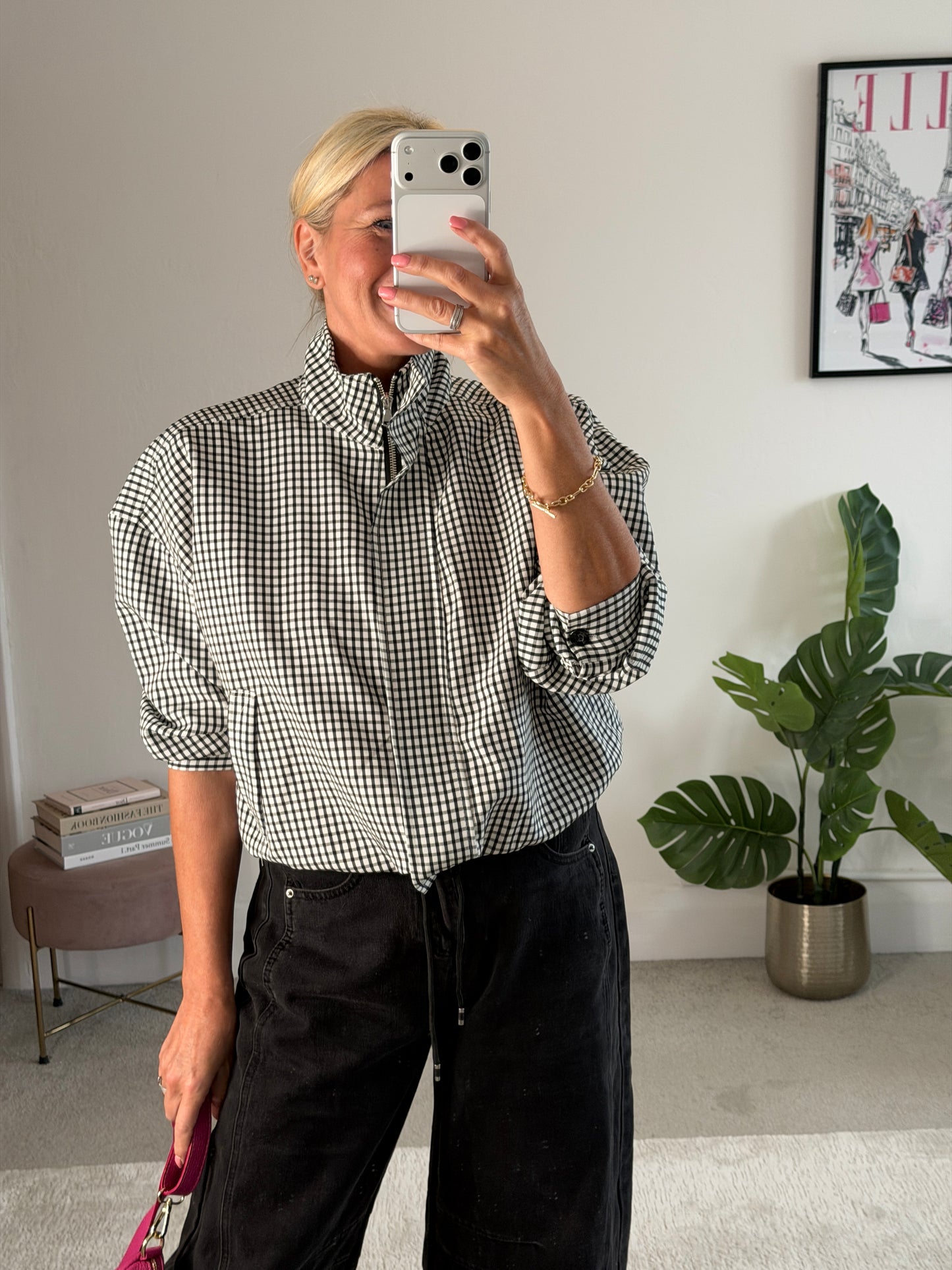 Black Check Funnel Neck Jacket