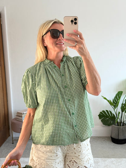 Khaki Gingham Frill Sleeve Blouse