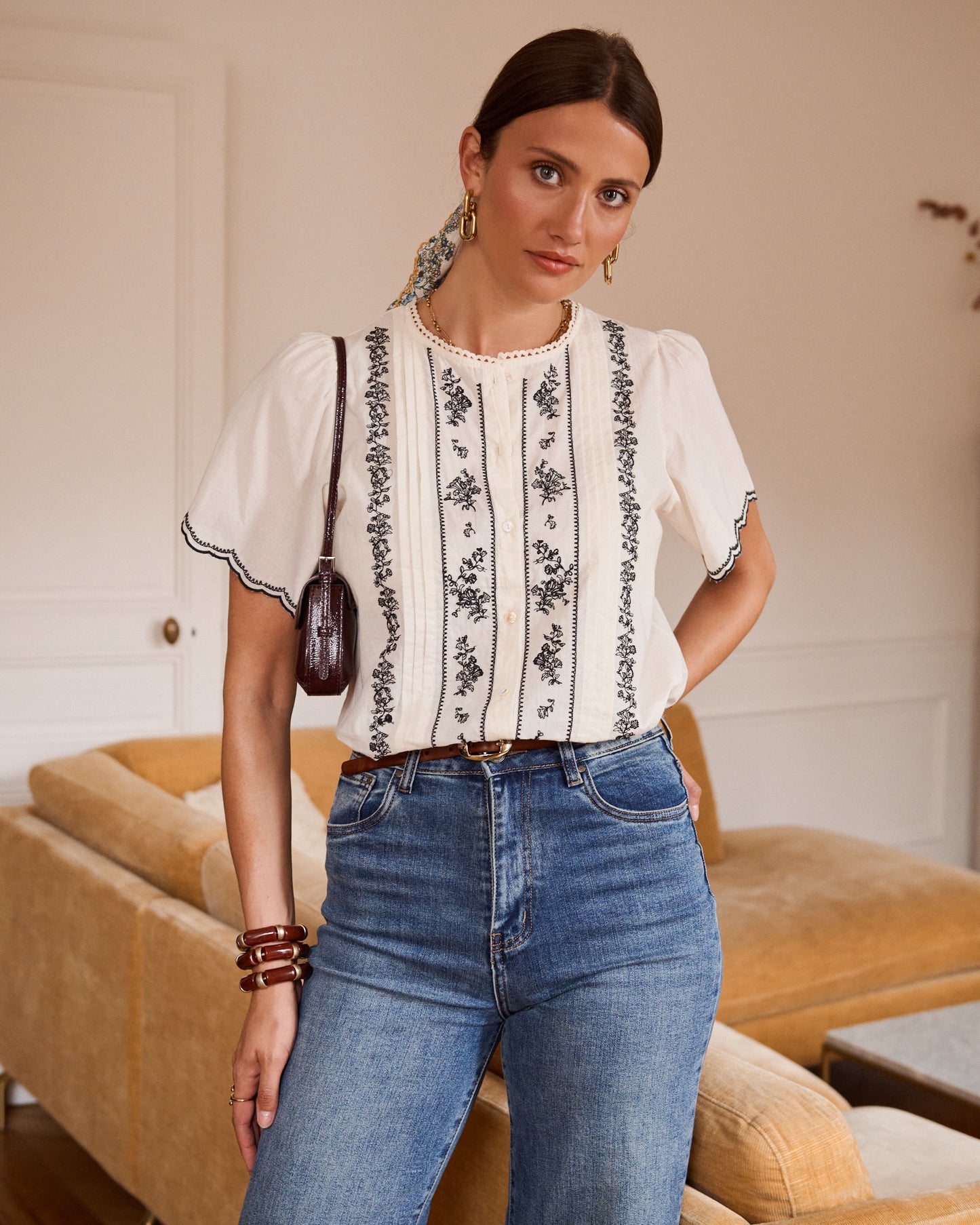 Cream Embroidered Puff Sleeve Blouse