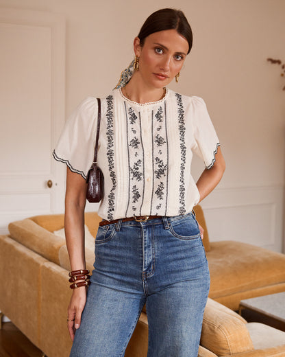 Cream Embroidered Puff Sleeve Blouse