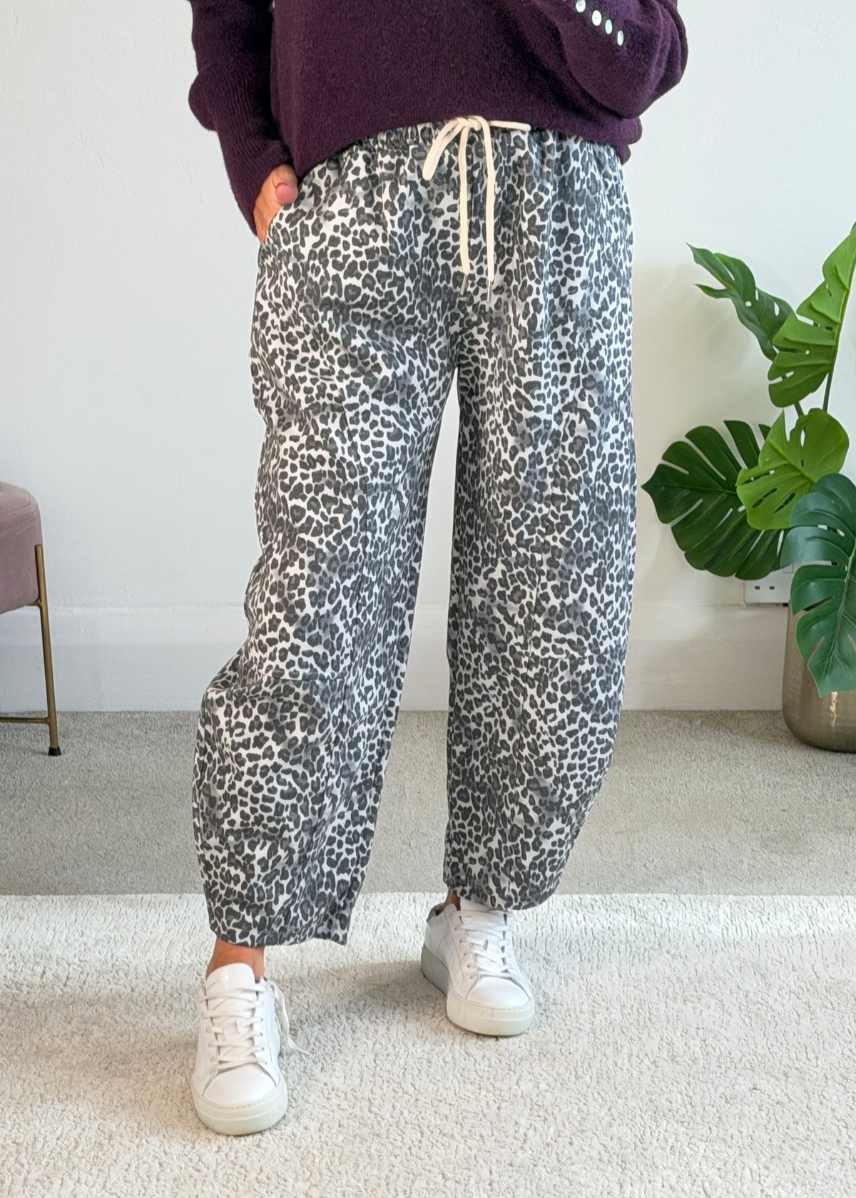 Grey Leopard Barrel Joggers