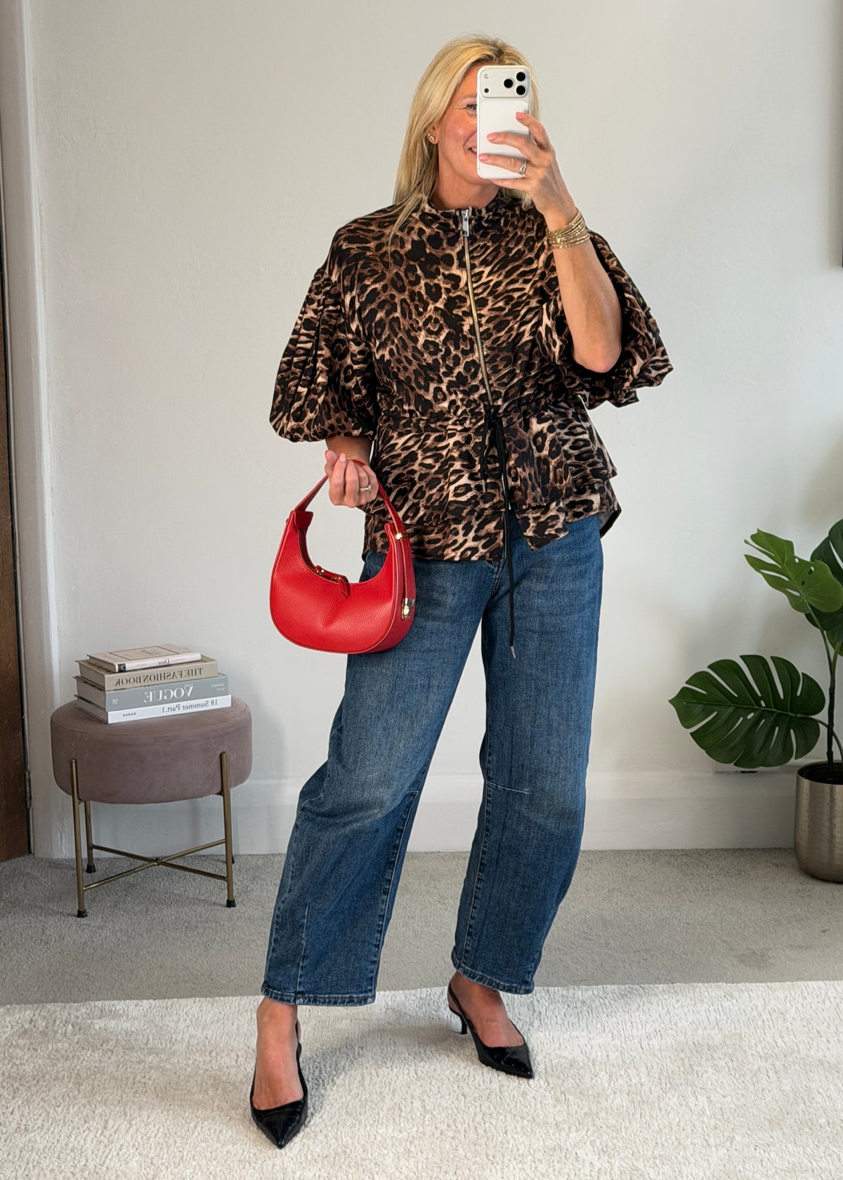 Leopard Balloon Sleeve Peplum Jacket