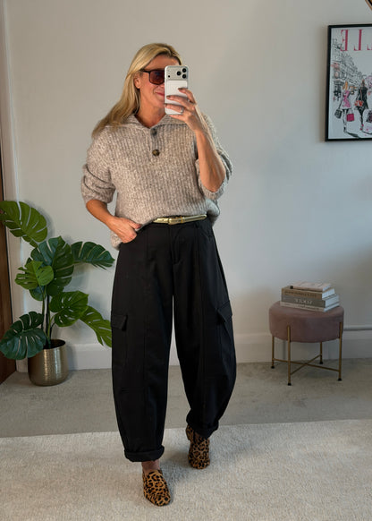 Black Barrel Leg Cargo Trousers