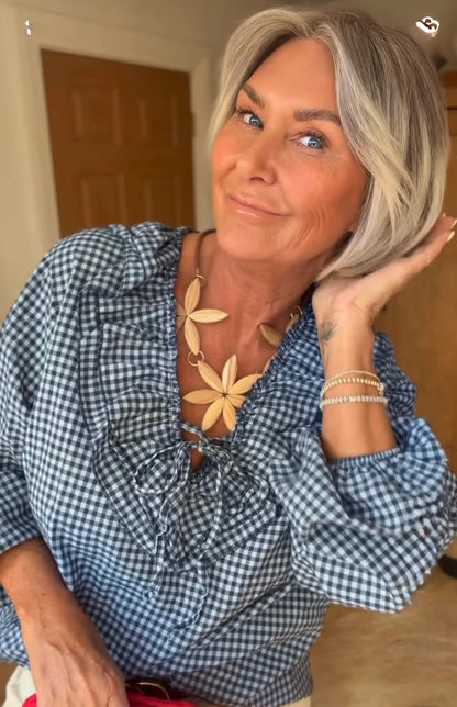 Navy Gingham Ruffle Blouse