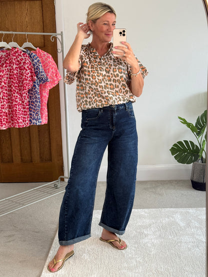 Khaki/Orange Leopard Frill Sleeve Blouse