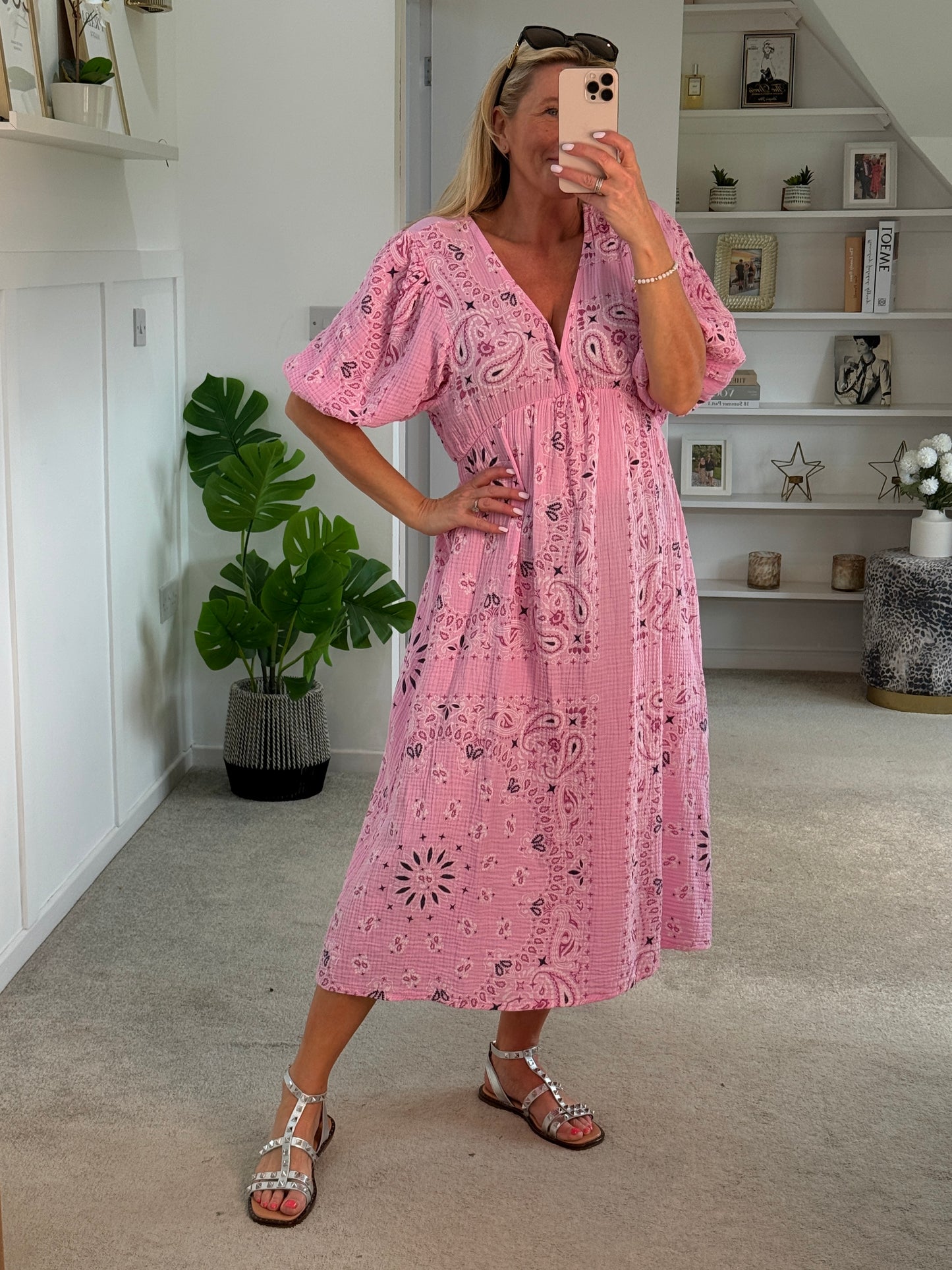 White Paisley Print Cheesecloth Midi Dress