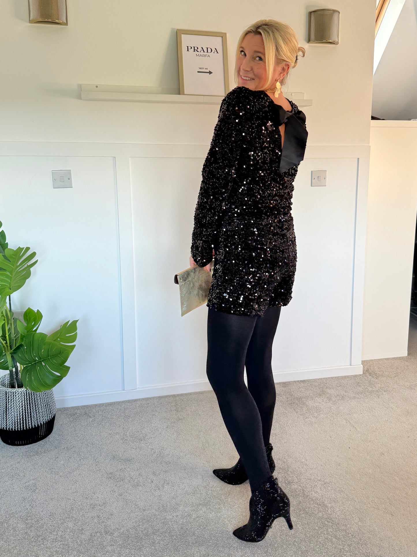 Black Sequin Satin Bow Back Top