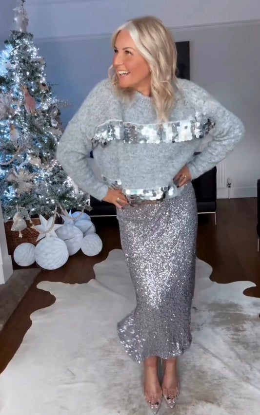 Silver Luxe Sequin Pencil Skirt