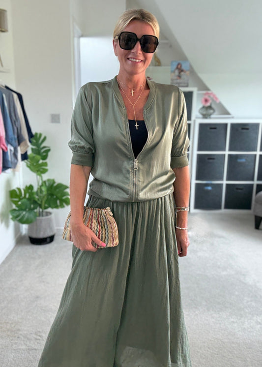 Khaki Silk Mix 1/2 Sleeve Bomber Jacket