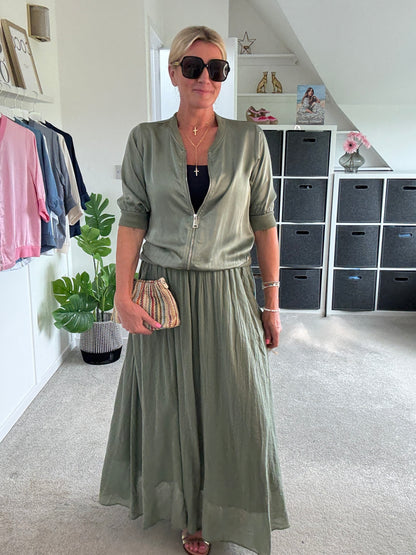 Khaki Silk Mix 1/2 Sleeve Bomber Jacket