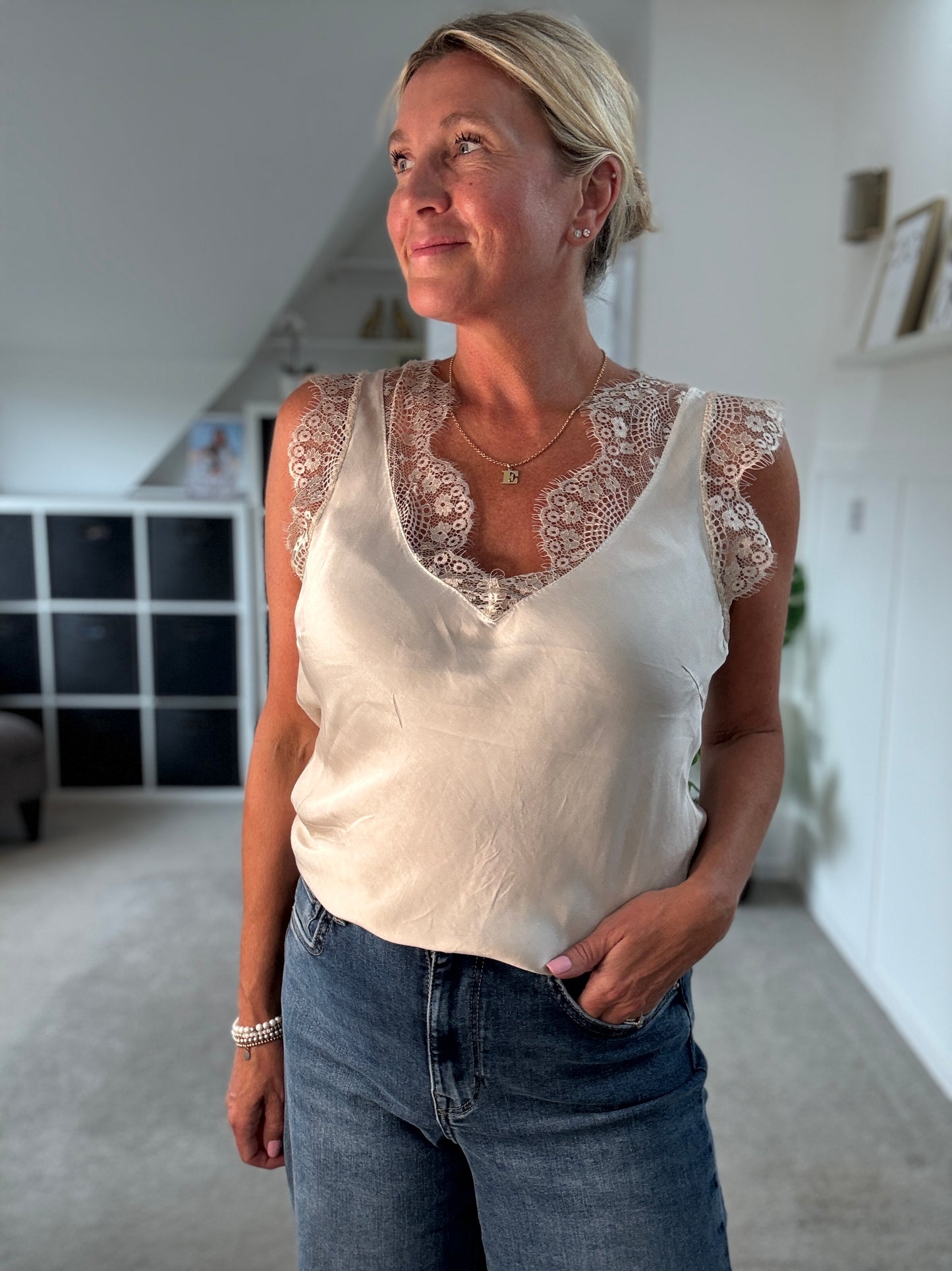 Satin/Lace V Neck Top