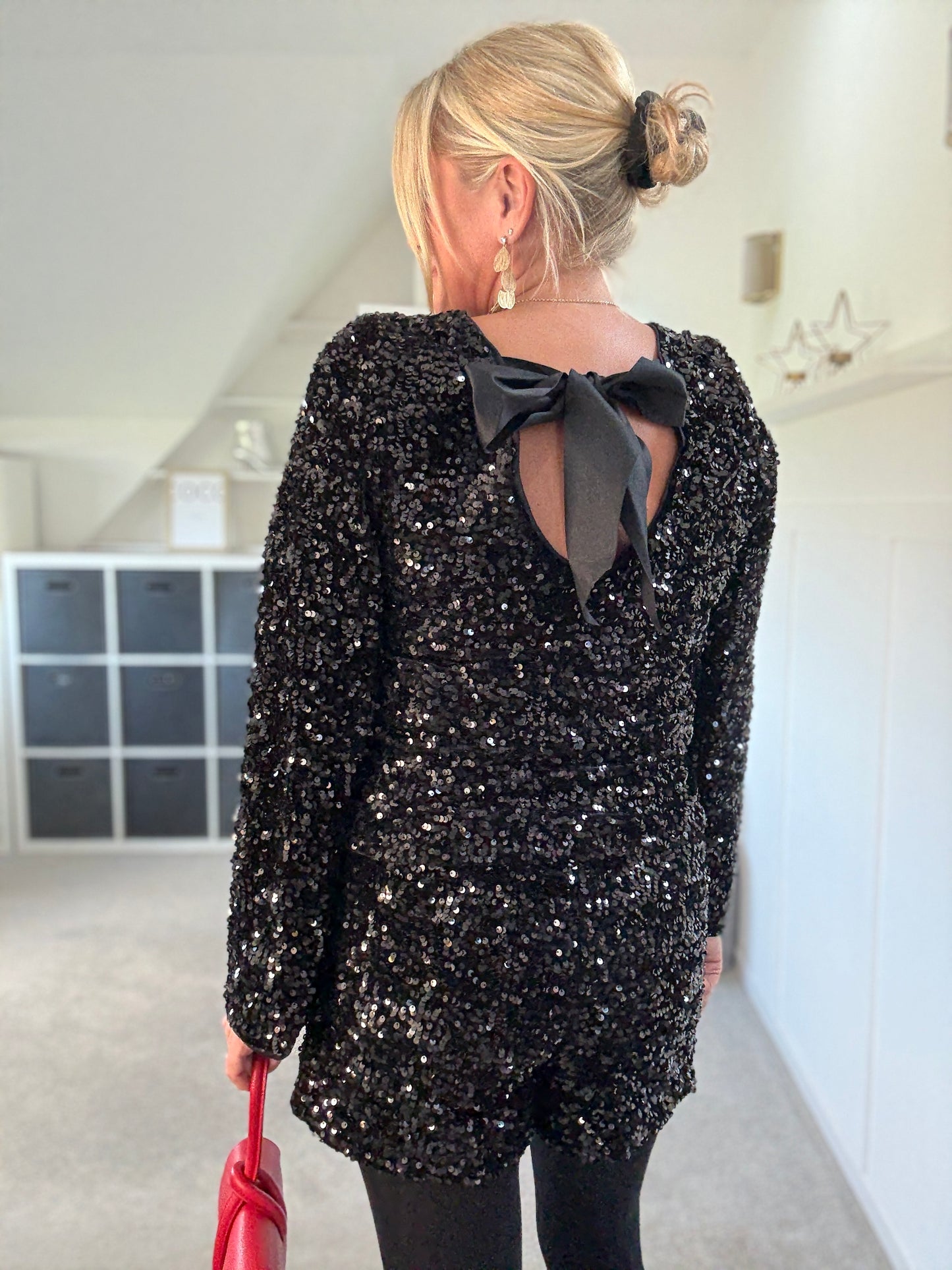 Black Sequin Satin Bow Back Top