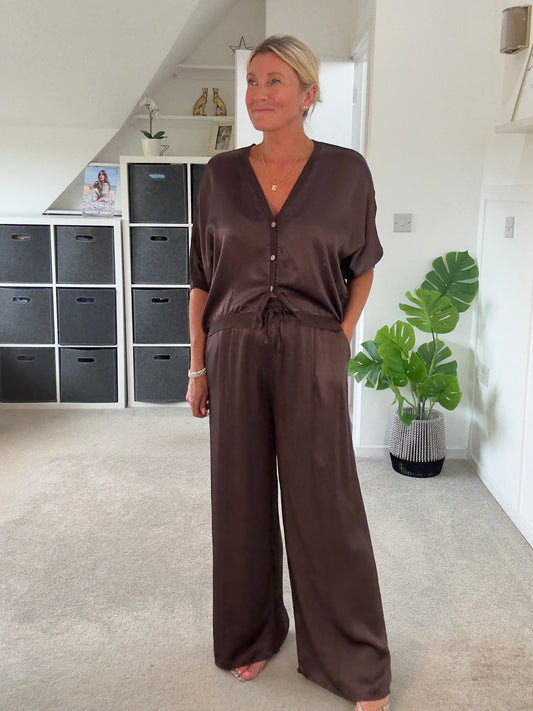 Emy Chocolate Satin Wide Leg Trousers