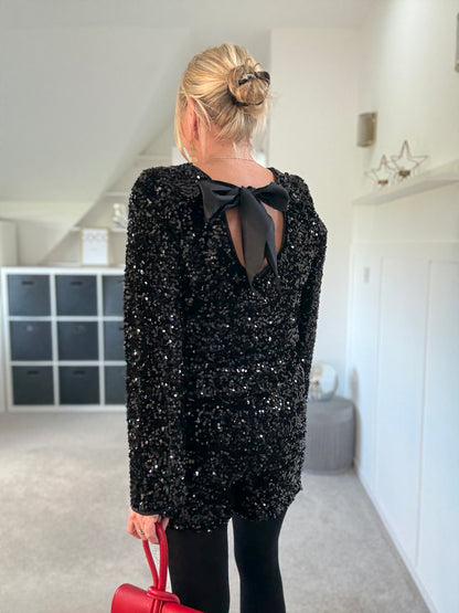 Black Sequin Satin Bow Back Top