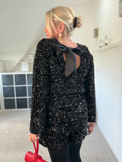 Black Sequin Satin Bow Back Top