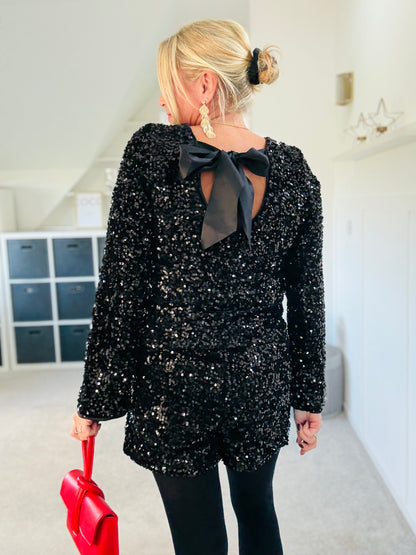 Black Sequin Satin Bow Back Top