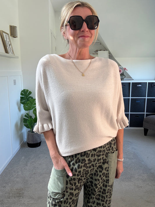 Light Oatmeal Frill Sleeve Jumper