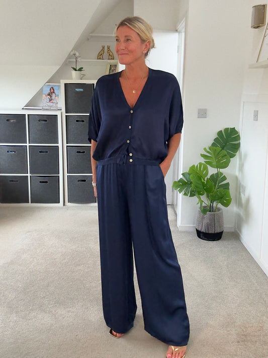 Emy Navy Satin Wide Leg Trousers