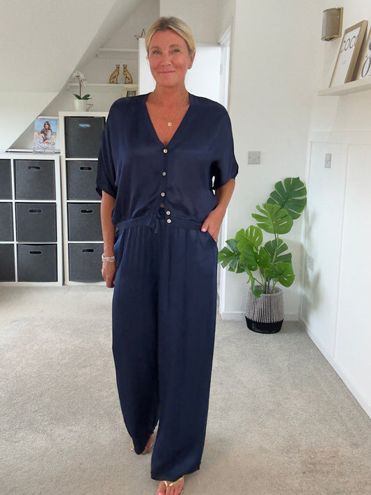 Emy Navy Satin Wide Leg Trousers