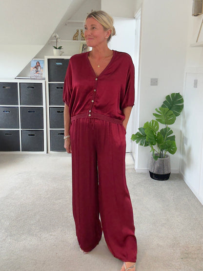Emy Burgundy Satin Wide Leg Trousers