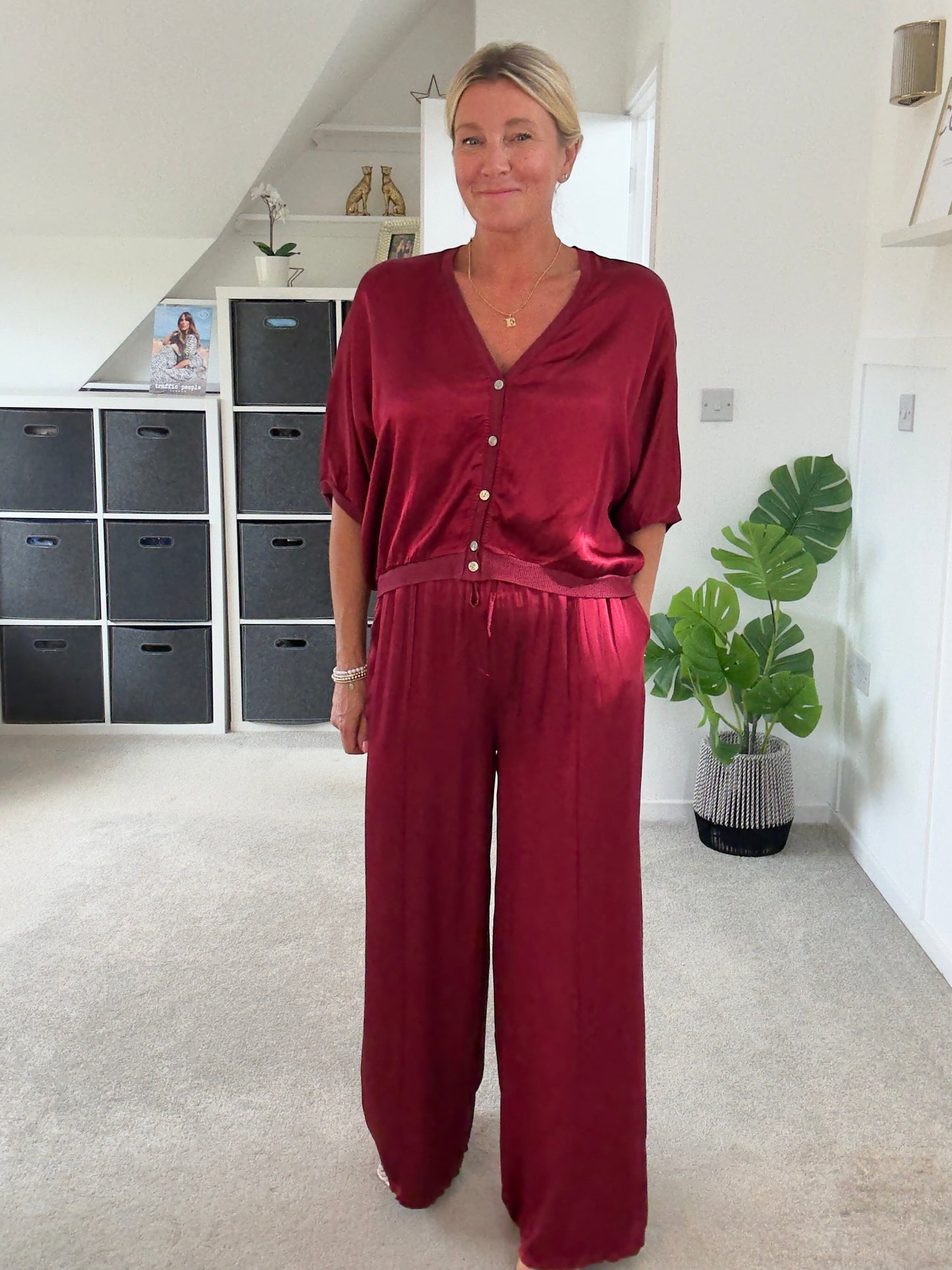 Emy Burgundy Satin Wide Leg Trousers