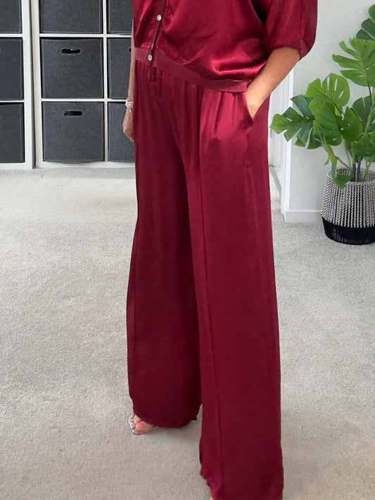 Emy Burgundy Satin Wide Leg Trousers