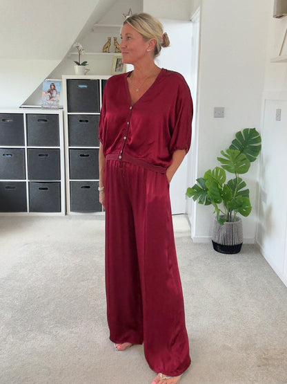 Emy Burgundy Satin Wide Leg Trousers