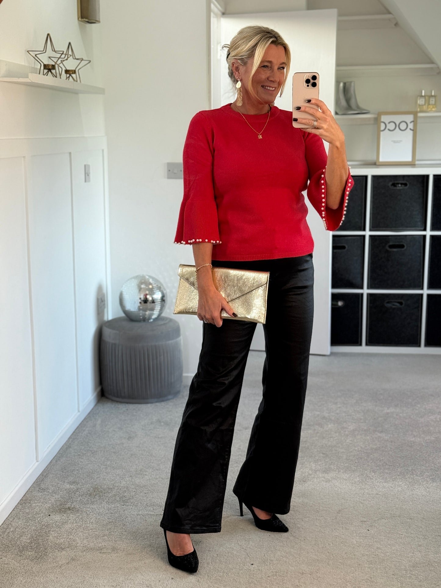 Red Pearl Flute Sleeve Jumper