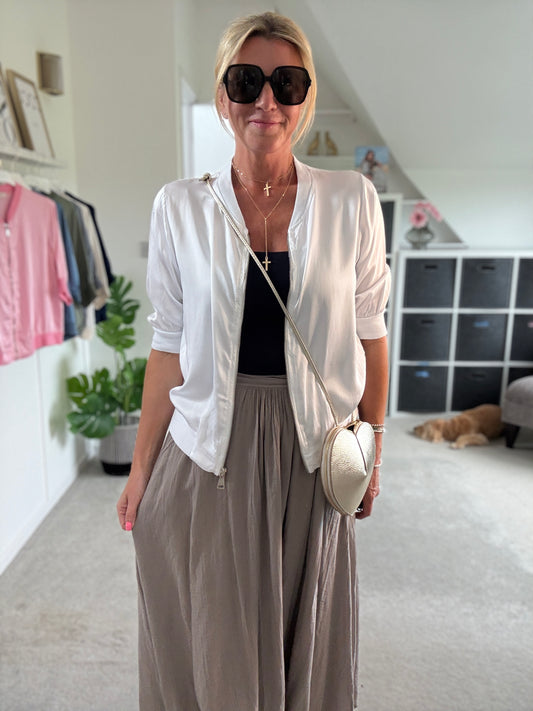 White Silk Mix 1/2 Sleeve Bomber Jacket