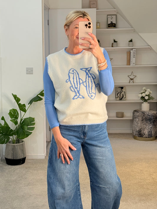 Cream/Blue Fish Motif Tank Top