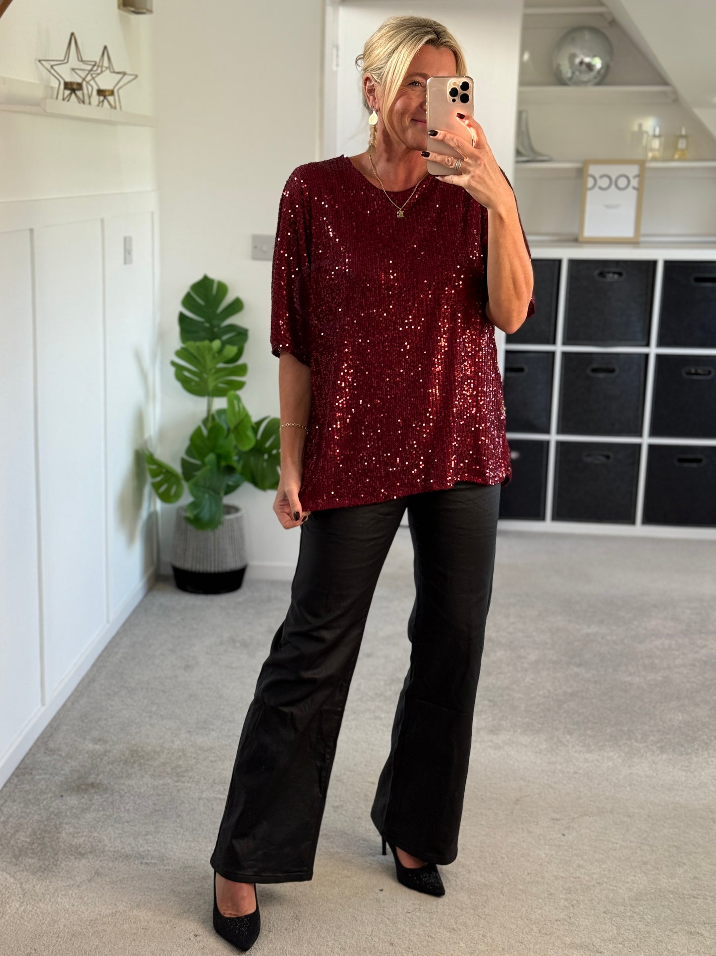 Burgundy Sequin Relaxed Fit Top