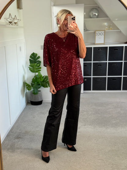 Burgundy Sequin Relaxed Fit Top