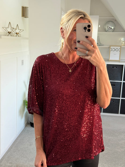 Burgundy Sequin Relaxed Fit Top