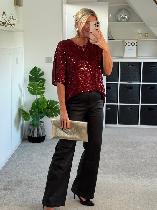 Burgundy Sequin Relaxed Fit Top