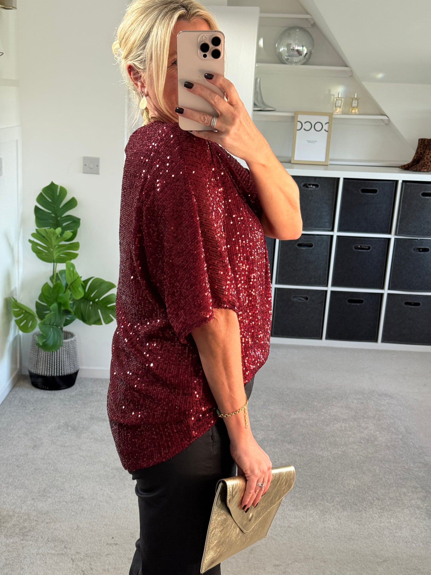 Burgundy Sequin Relaxed Fit Top