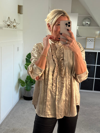 Gold Metallic Ruffle Front Blouse