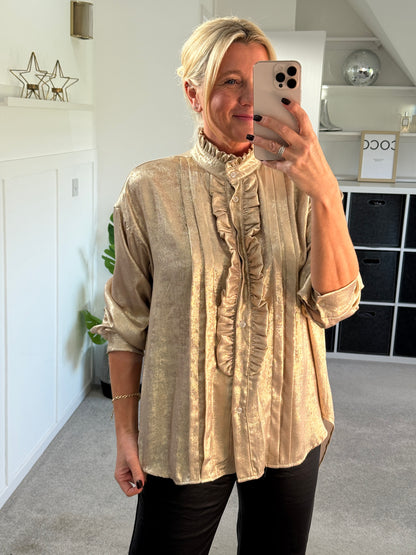 Gold Metallic Ruffle Front Blouse