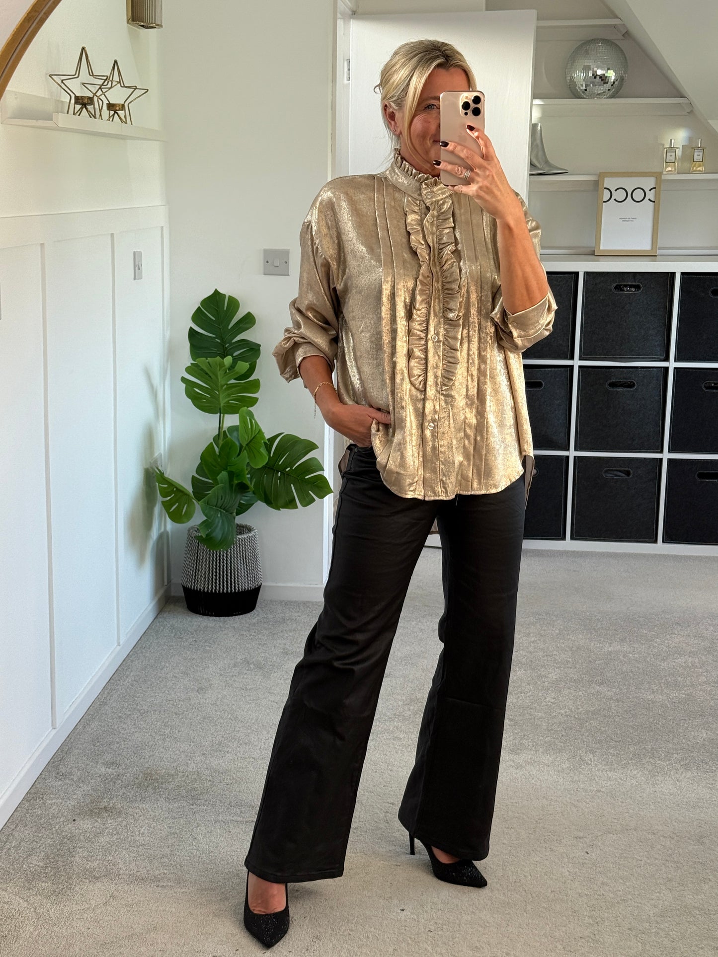 Gold Metallic Ruffle Front Blouse