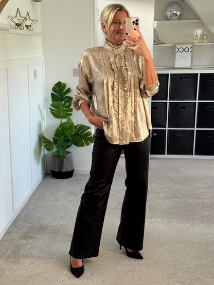 Gold Metallic Ruffle Front Blouse