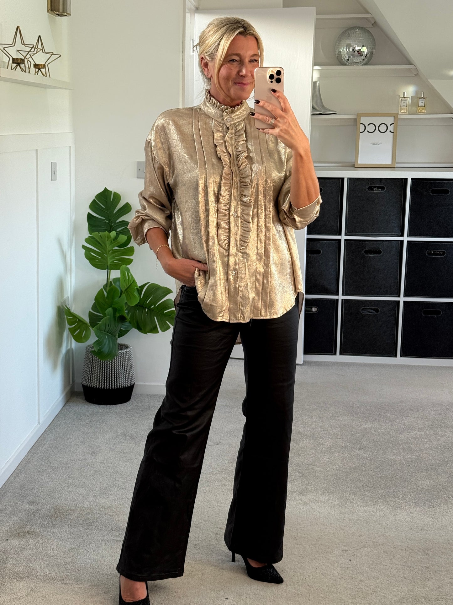 Gold Metallic Ruffle Front Blouse