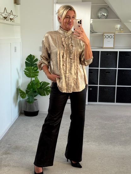 Gold Metallic Ruffle Front Blouse